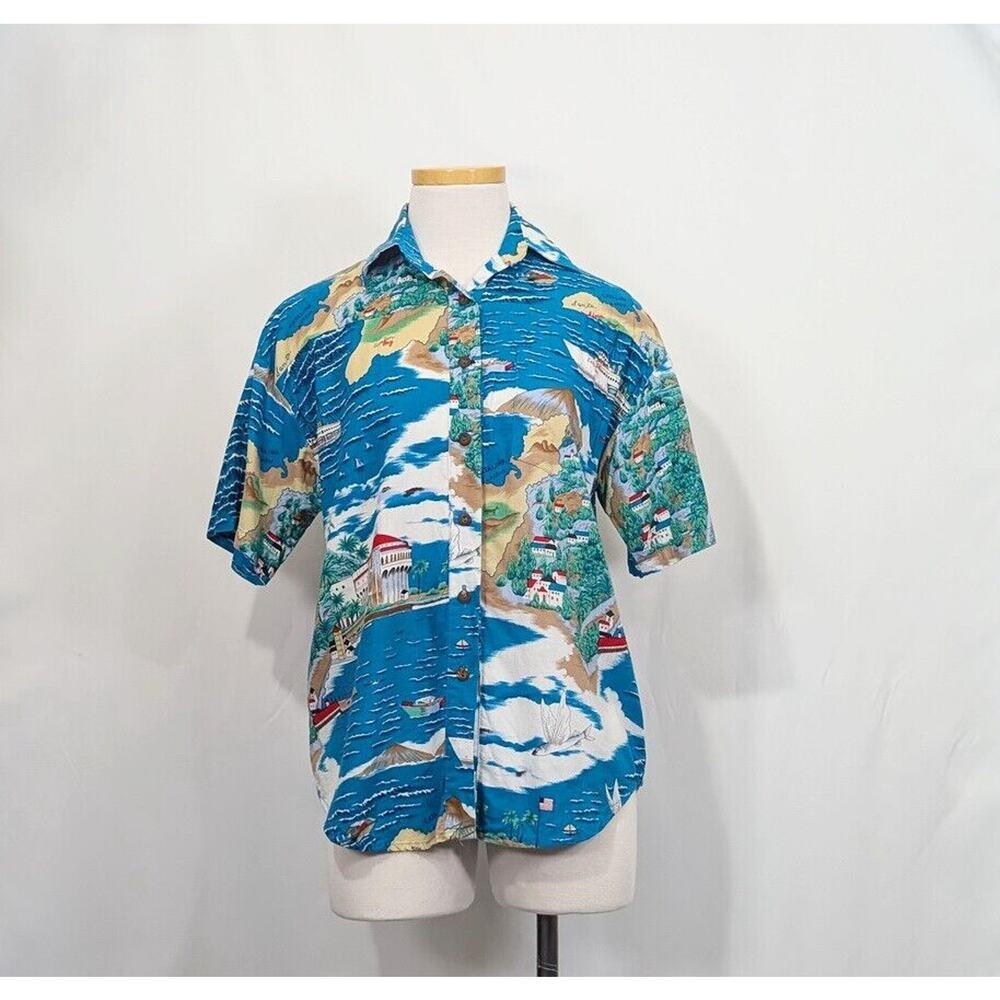 Vintage 90s Blouse Turquoise Blue Hawaiian Tropical Top Shirt Women's Size XS
